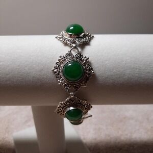Green jade station bracelet in sterling silver artisan crafted 38 grams